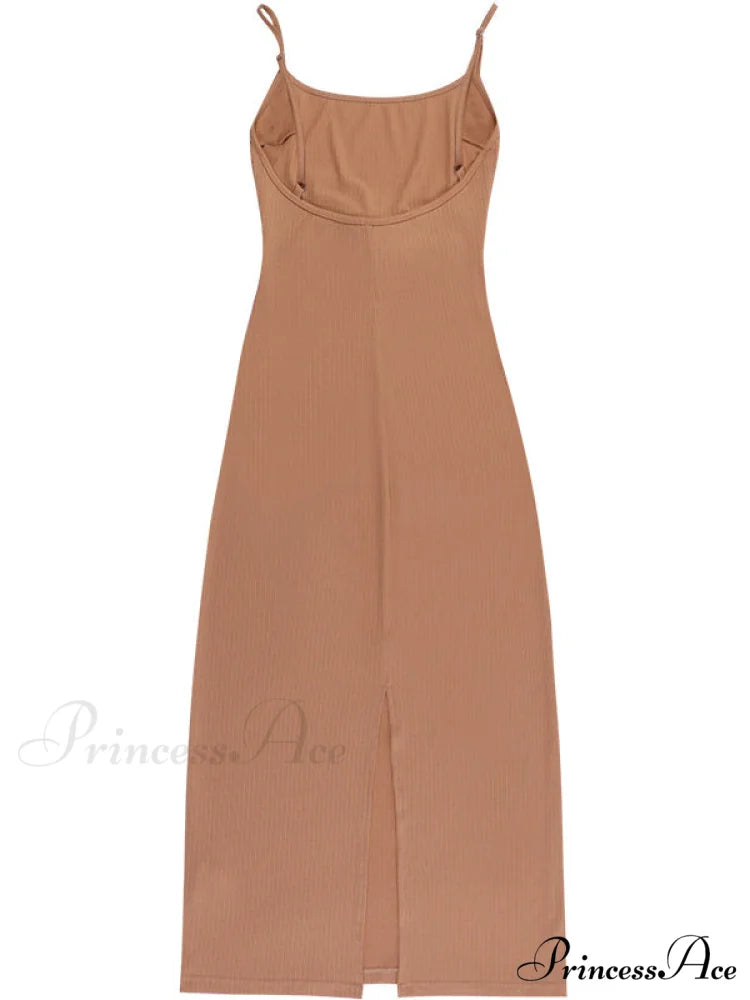 Khaki Midi Bodycon Dress with Spaghetti Straps and Ruched Detail M / Khaki