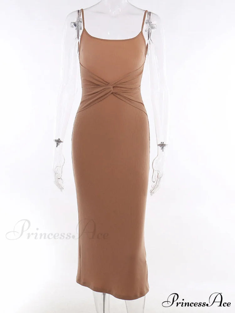 Khaki Midi Bodycon Dress with Spaghetti Straps and Ruched Detail S / Khaki