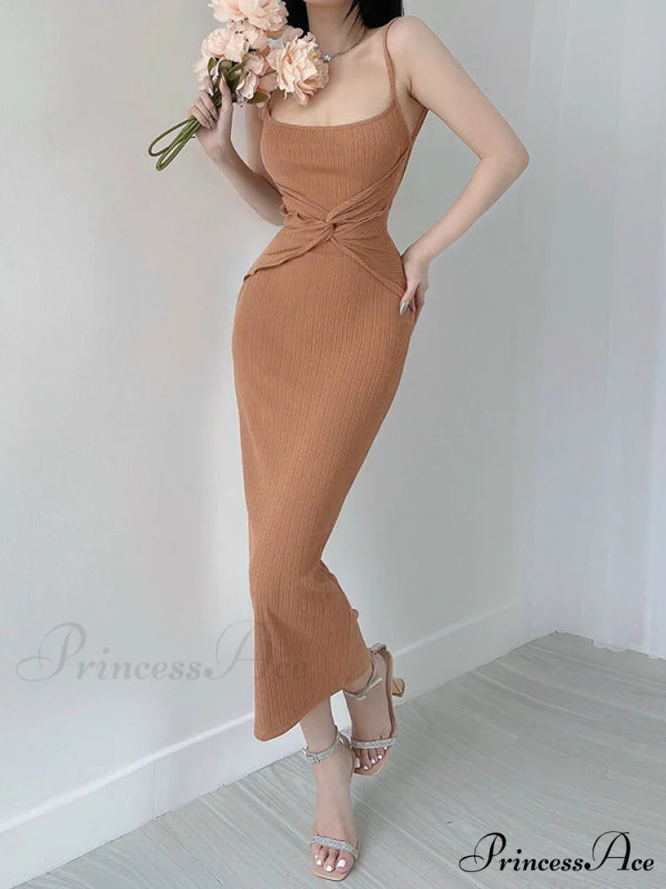 Khaki Midi Bodycon Dress with Spaghetti Straps and Ruched Detail S / Black