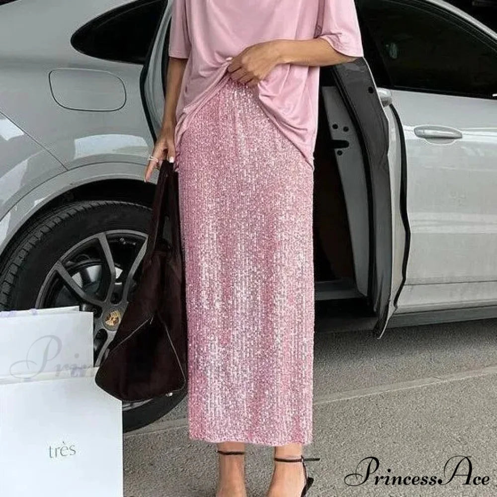 Khaki Sequins Long High Waist Slit Skirt Pink / S