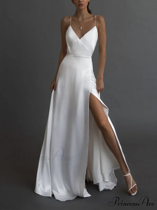 Kiara Satin Stylish High-Slit Mermaid Dress WHITE / S