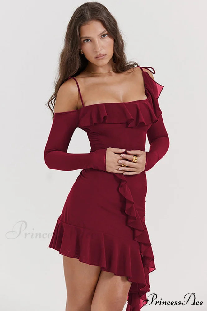 Kiki Ruffle Stylish Mini Dress S / Wine