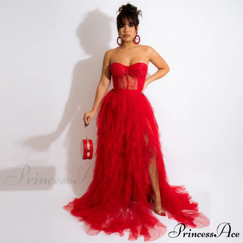 Kim Mesh Corset Charming Tulle Formal Dress Red / S
