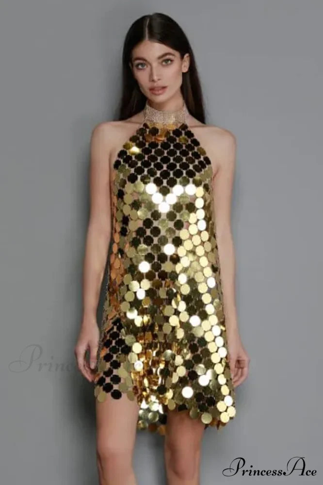Kimora Halterneck Stylish Chainmail Mini Dress Free Size / Gold