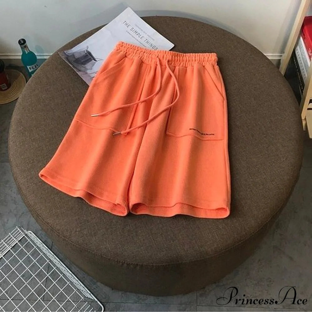 Knee Length Pants Drawstring Korean Shorts Orange / M(40-50kg)