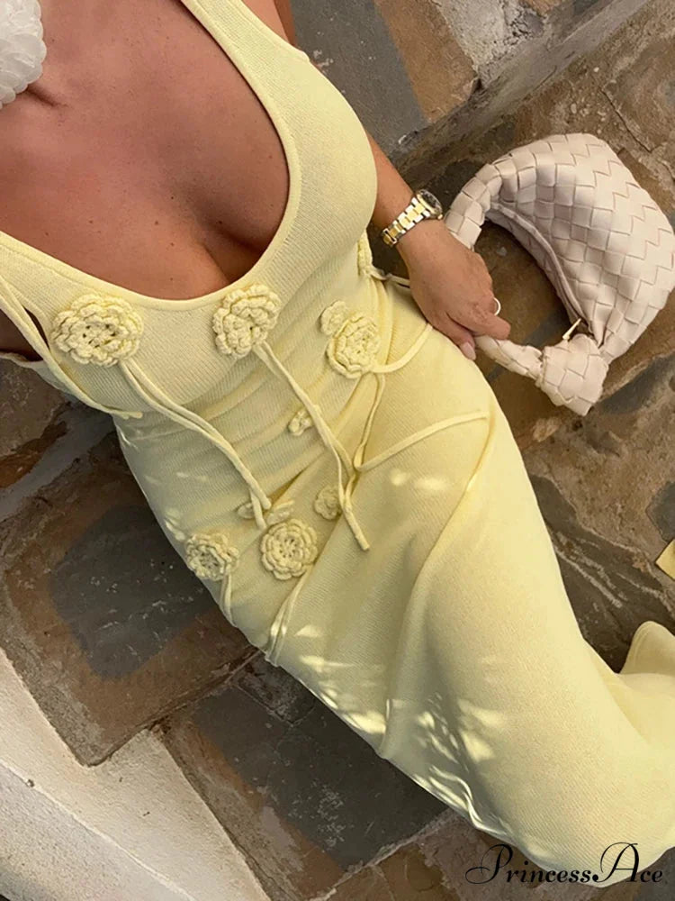 Knit 3D Blooms Holiday Dress Light Yellow / S vacationdress-250223
