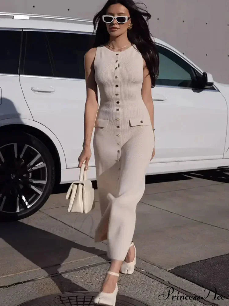 Knit Buttoned Stylish Midi Dress