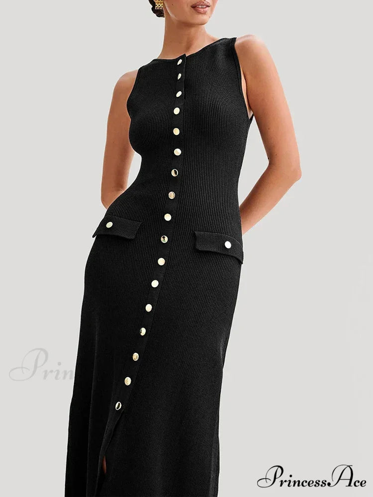 Knit Buttoned Stylish Midi Dress Black / S