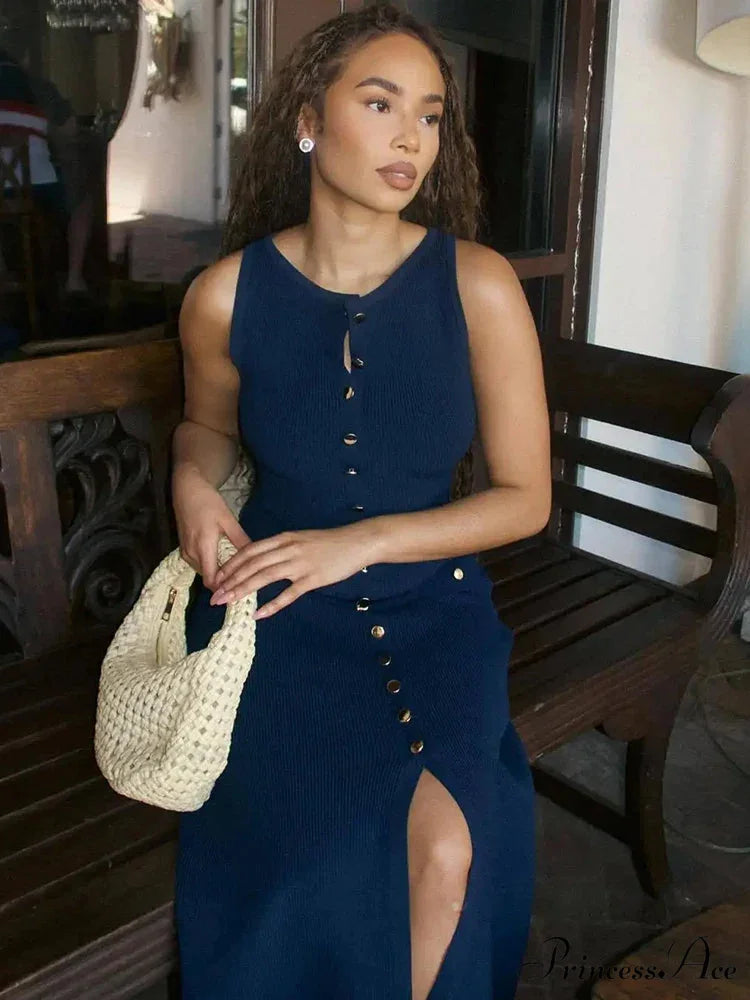 Knit Buttoned Stylish Midi Dress Navy Blue / S
