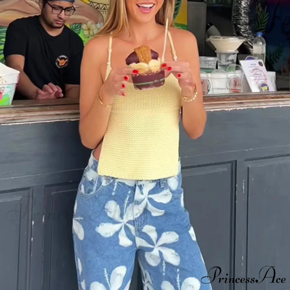 Knit Fasten-Up Halter Crop Top yellow / S croptop-250223