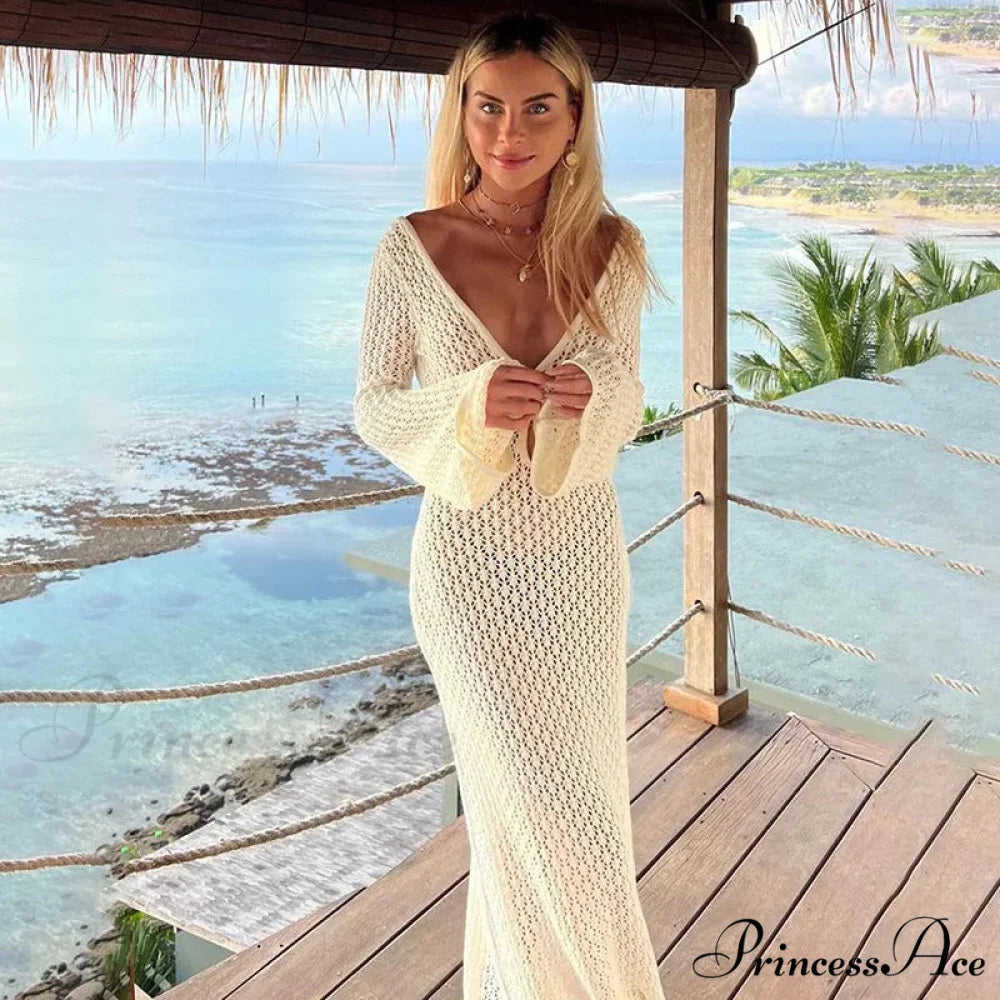Knit Flare Stylish Long Sleeve Dress Beige / L