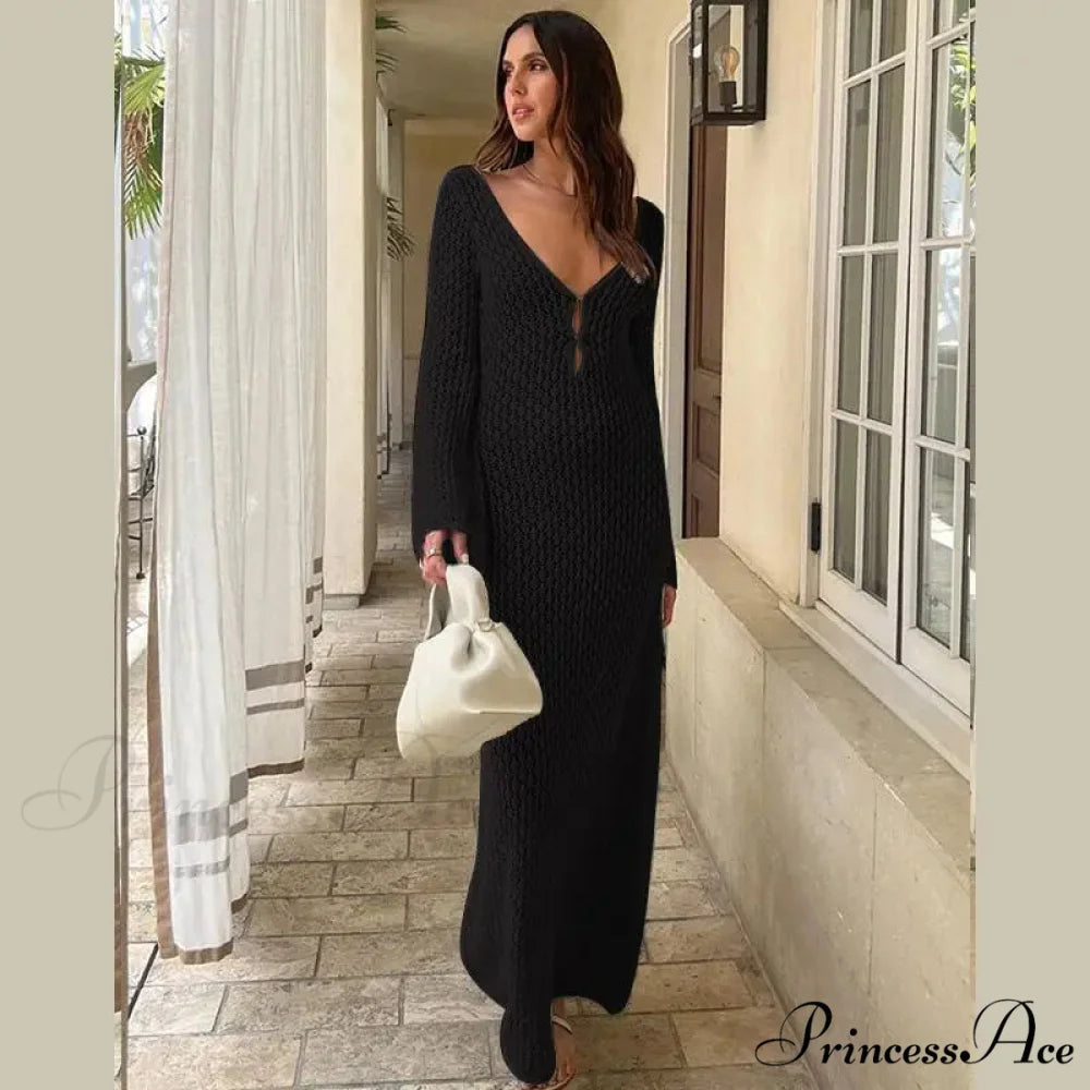 Knit Flare Stylish Long Sleeve Dress black / L