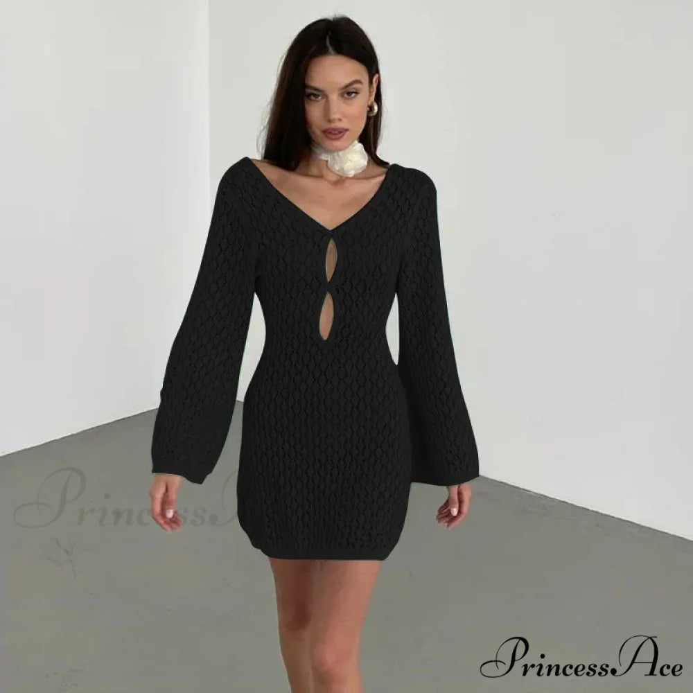 Knit Flare Stylish Long Sleeve Dress Black Short / L