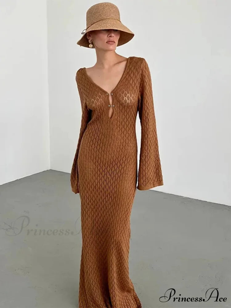 Knit Flare Stylish Long Sleeve Dress Brown / L