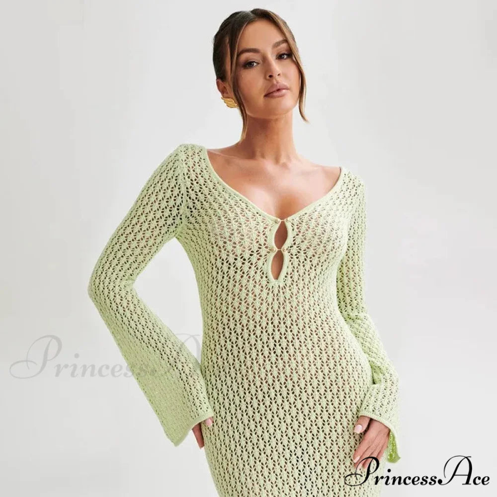 Knit Flare Stylish Long Sleeve Dress green / L