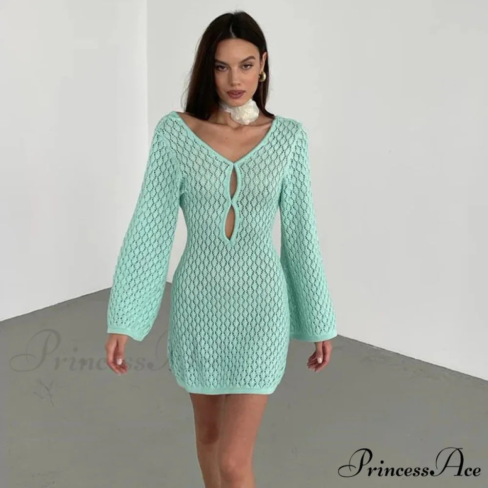 Knit Flare Stylish Long Sleeve Dress Green Short / L