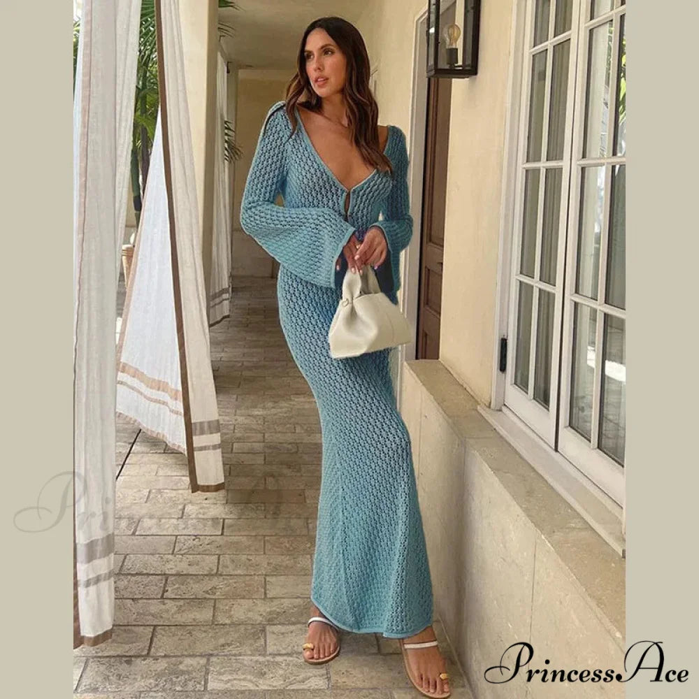 Knit Flare Stylish Long Sleeve Dress Light Blue / L
