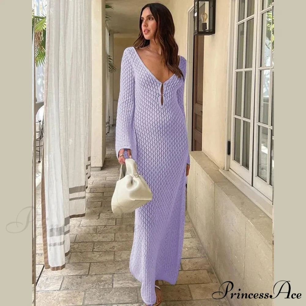 Knit Flare Stylish Long Sleeve Dress PURPLE / L