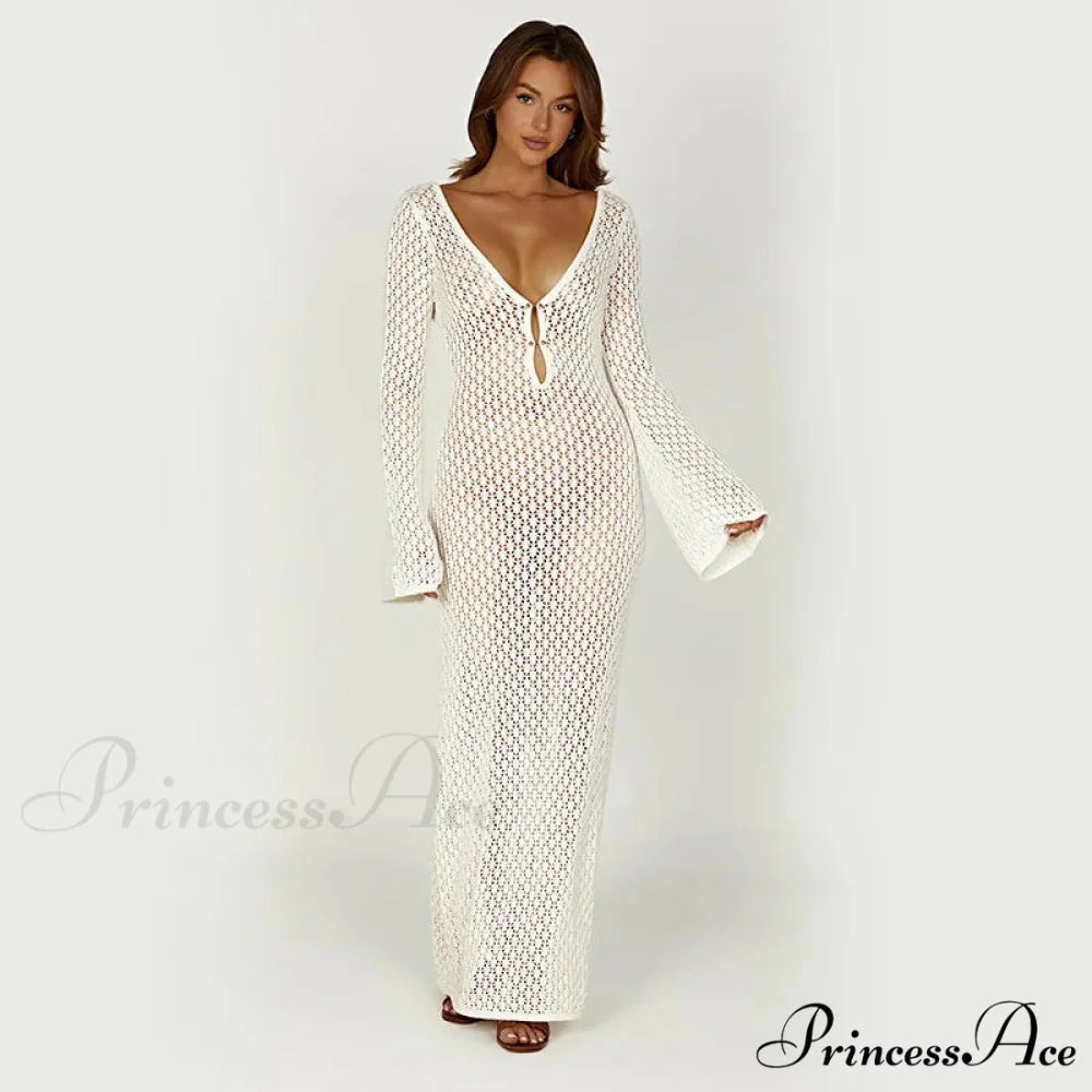 Knit Flare Stylish Long Sleeve Dress WHITE / L