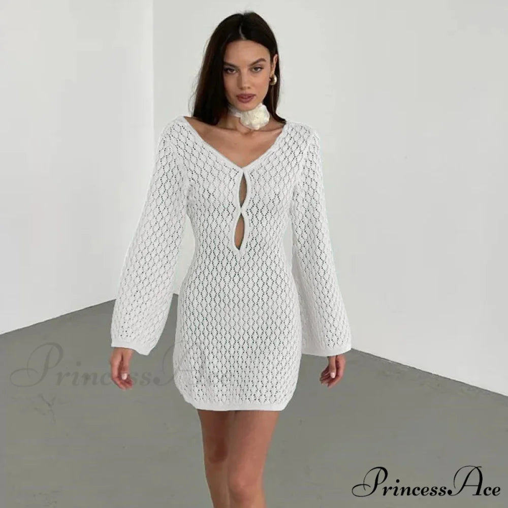 Knit Flare Stylish Long Sleeve Dress White Short / L