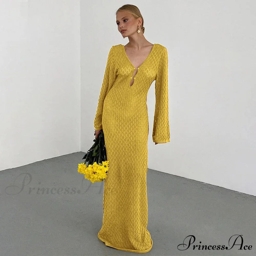Knit Flare Stylish Long Sleeve Dress Yellow / L