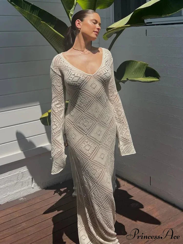 Knit Hollow V Sweater Maxi Dress WHITE / S
