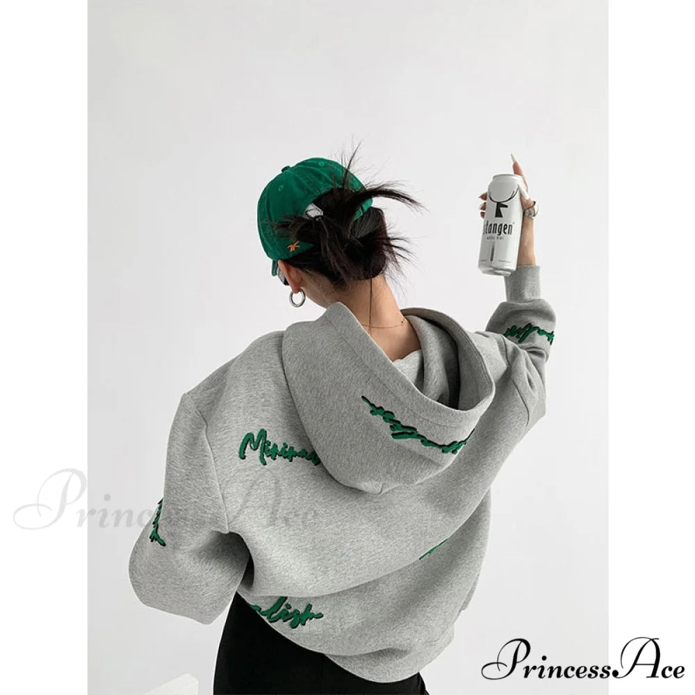 Knit Lettering Stylish Embroidery Hoddie Gray / S