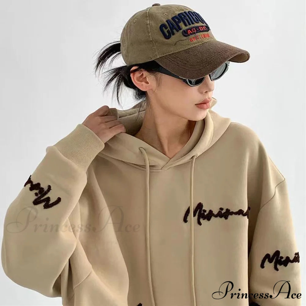 Knit Lettering Stylish Embroidery Hoddie Khaki / S