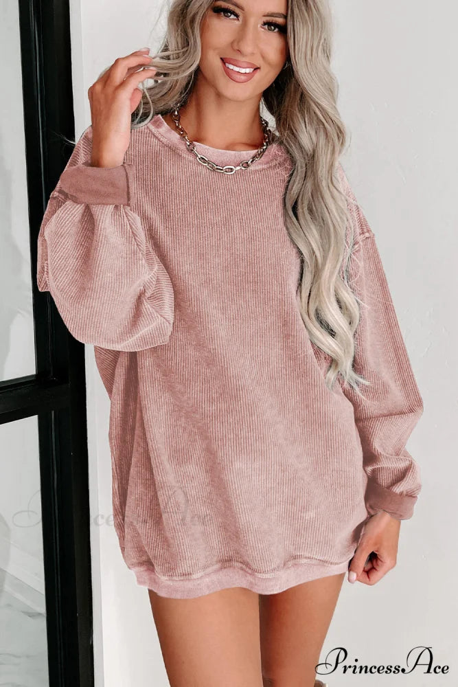 Knit Neck Pullover Ribbed Pink Round Sweatshirt