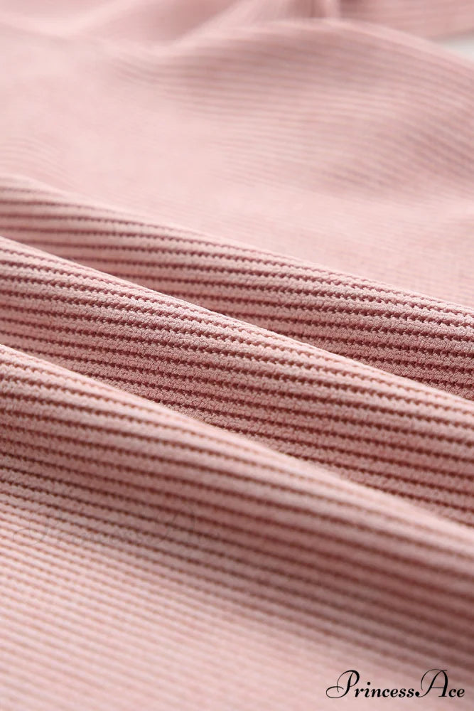 Knit Neck Pullover Ribbed Pink Round Sweatshirt
