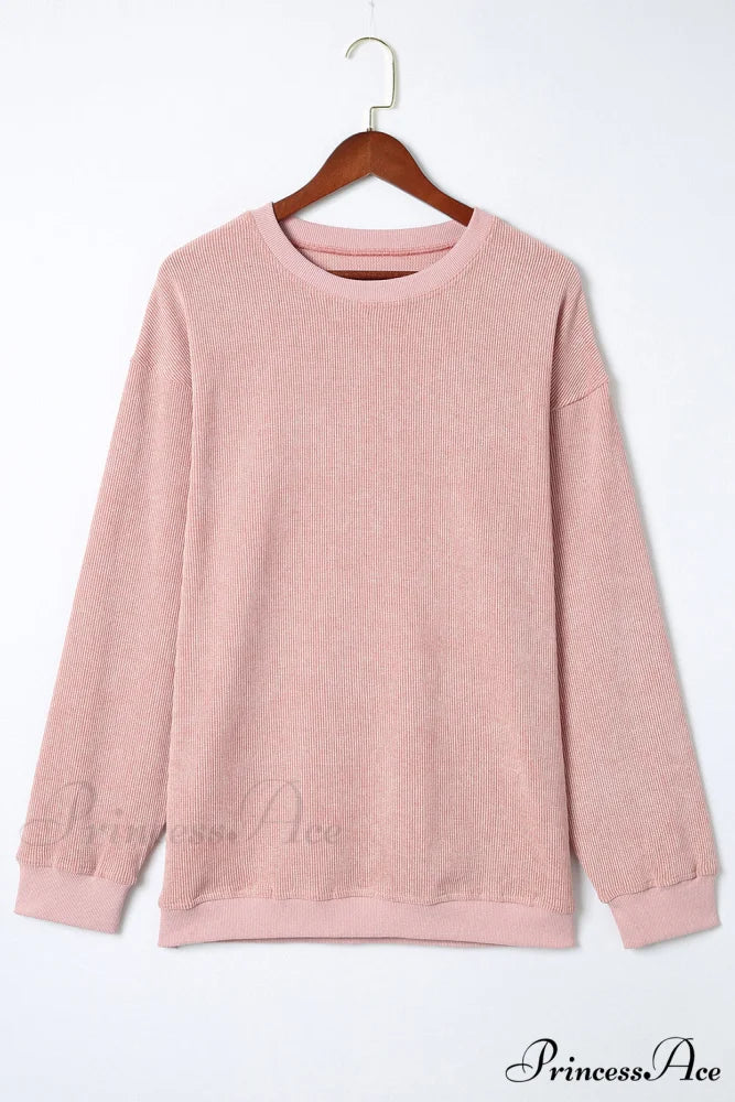 Knit Neck Pullover Ribbed Pink Round Sweatshirt
