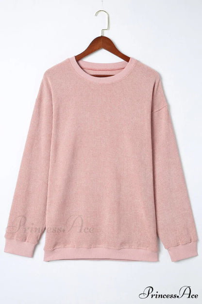 Knit Neck Pullover Ribbed Pink Round Sweatshirt