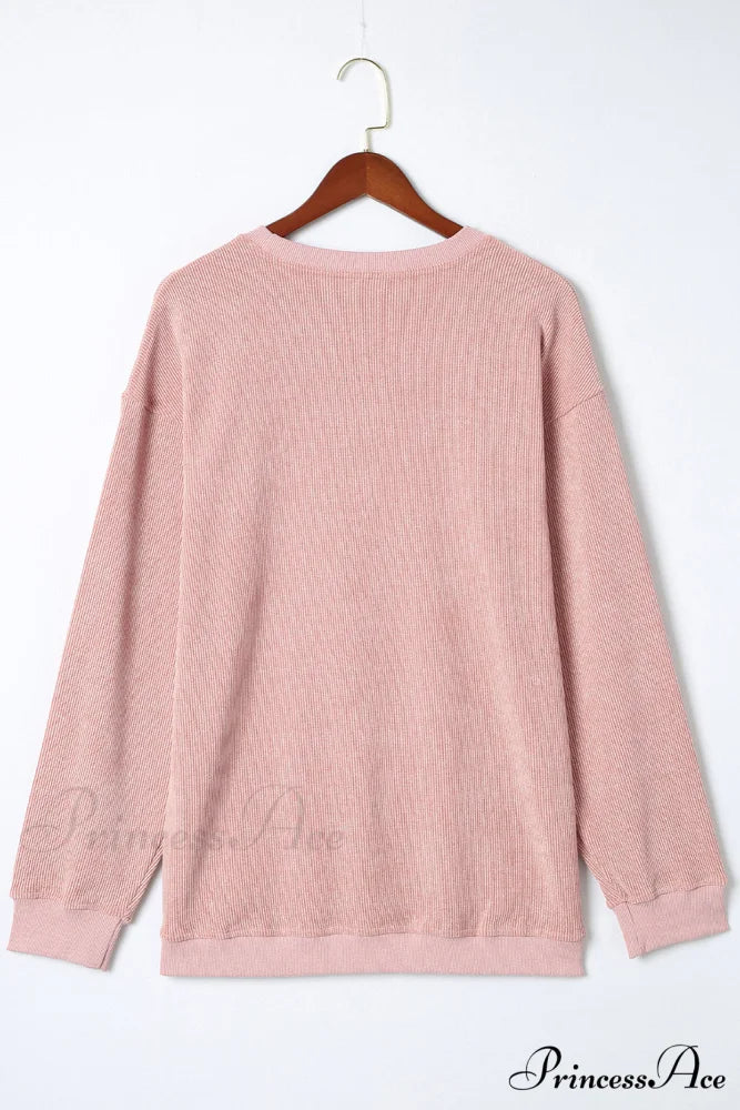 Knit Neck Pullover Ribbed Pink Round Sweatshirt