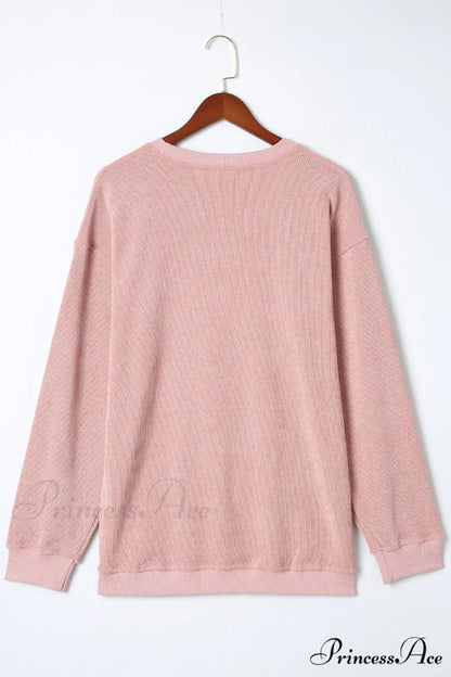 Knit Neck Pullover Ribbed Pink Round Sweatshirt