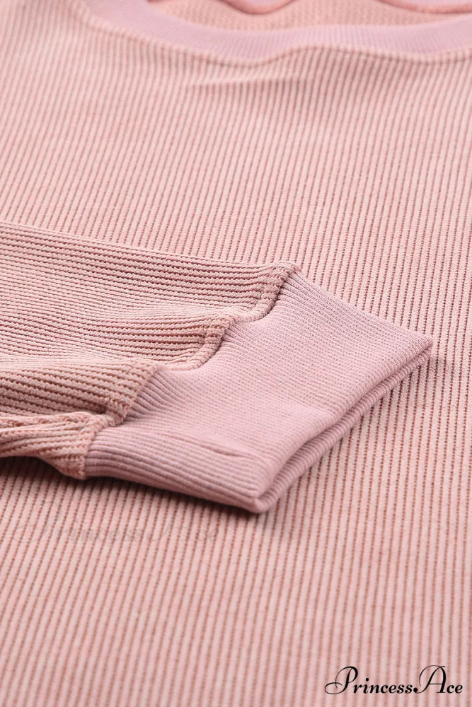 Knit Neck Pullover Ribbed Pink Round Sweatshirt