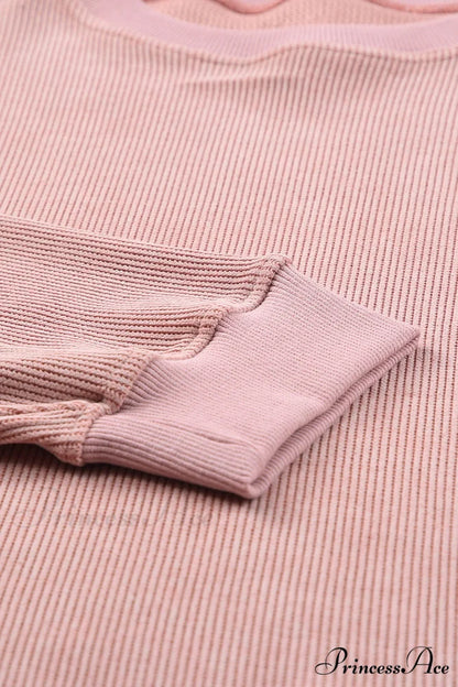 Knit Neck Pullover Ribbed Pink Round Sweatshirt
