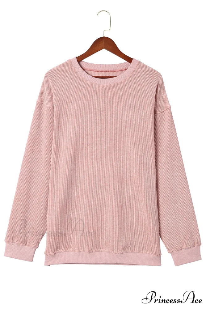 Knit Neck Pullover Ribbed Pink Round Sweatshirt