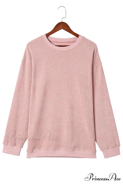 Knit Neck Pullover Ribbed Pink Round Sweatshirt