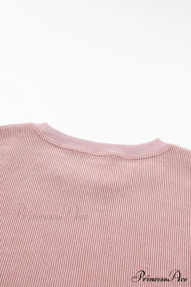 Knit Neck Pullover Ribbed Pink Round Sweatshirt