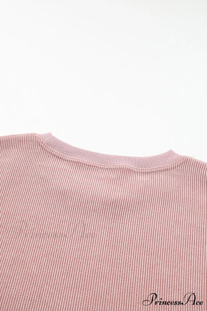 Knit Neck Pullover Ribbed Pink Round Sweatshirt