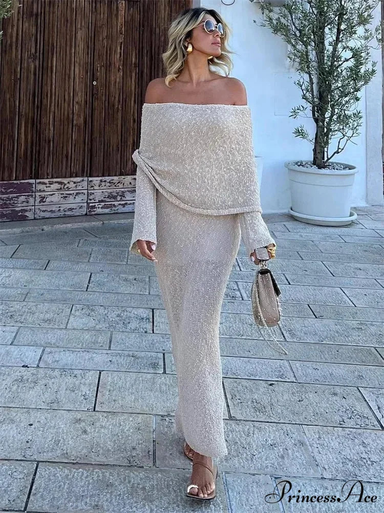 Knit Off-Shoulder Long Charming Sleeve Maxi Dress