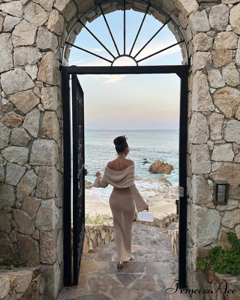 Knit Off-Shoulder Long Charming Sleeve Maxi Dress