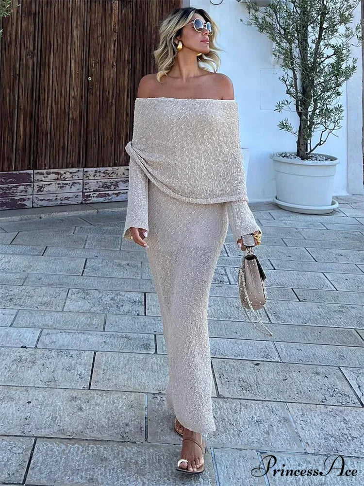 Knit Off-Shoulder Long Charming Sleeve Maxi Dress Khaki / L