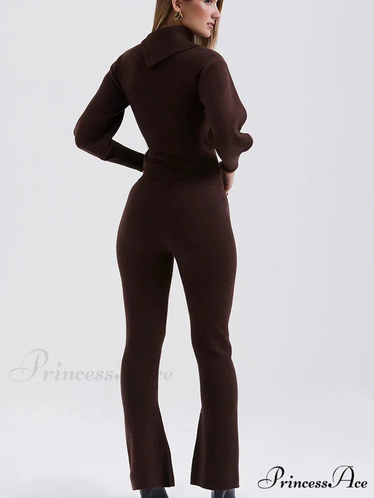 Knit Rib Long Sleeve Graceful Top And Pants Set