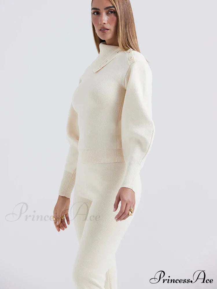 Knit Rib Long Sleeve Graceful Top And Pants Set