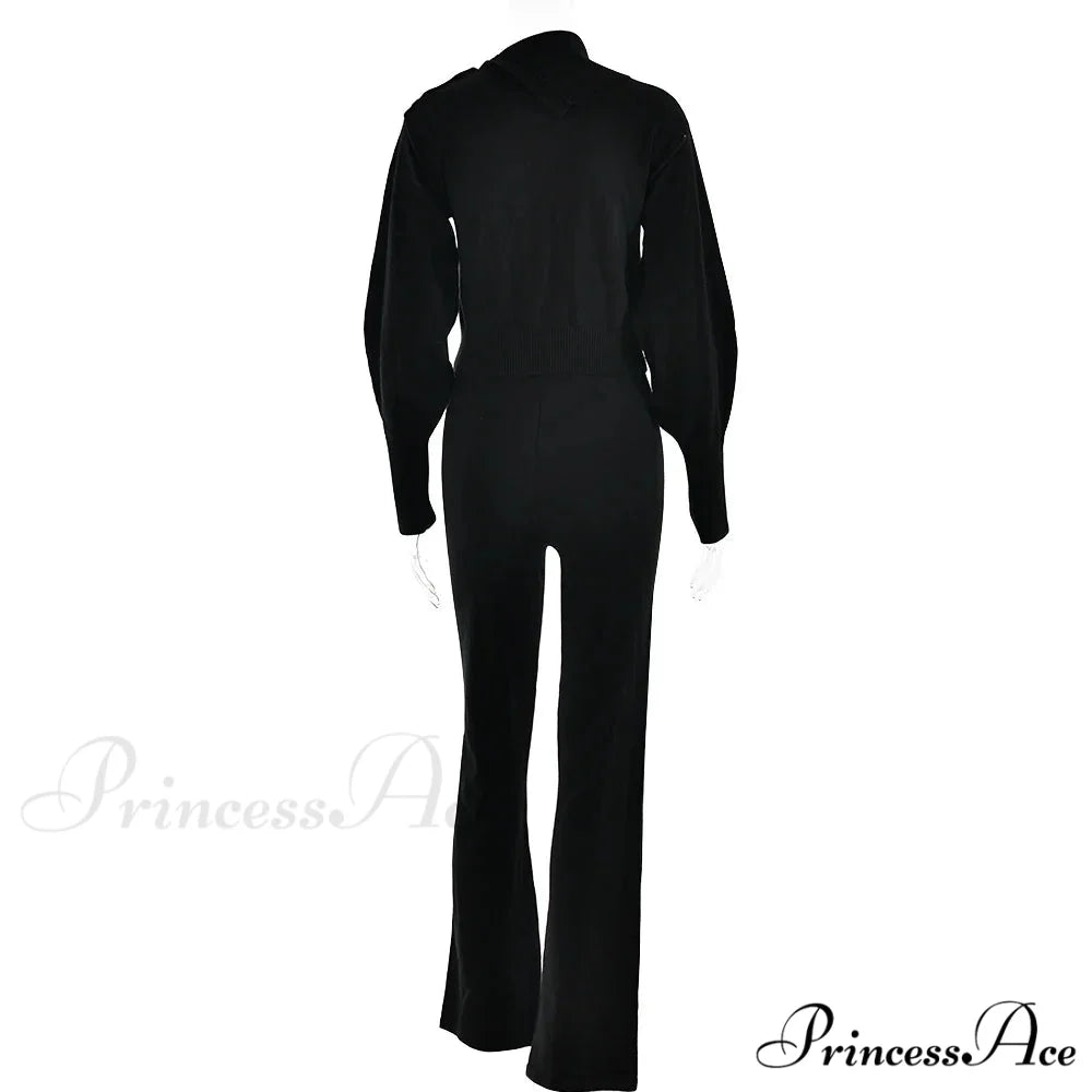 Knit Rib Long Sleeve Graceful Top And Pants Set