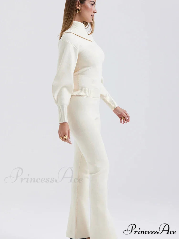 Knit Rib Long Sleeve Graceful Top And Pants Set