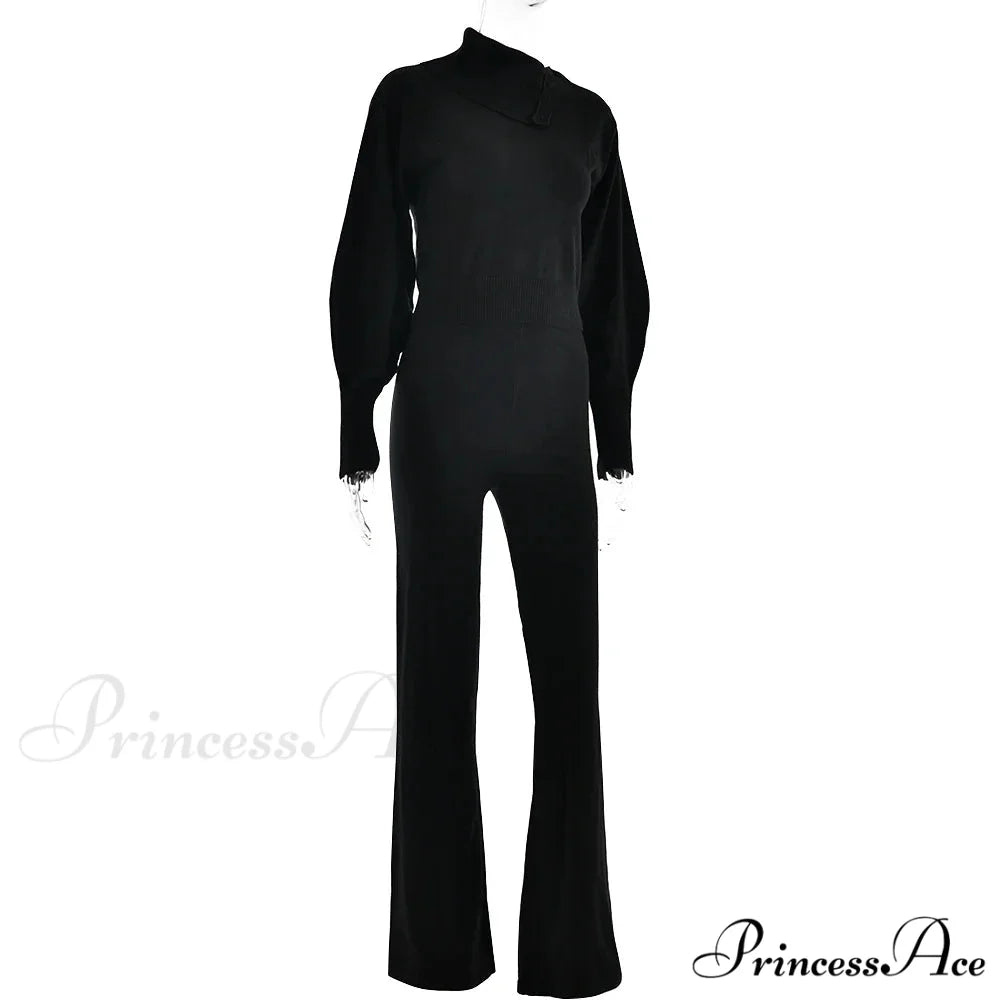 Knit Rib Long Sleeve Graceful Top And Pants Set