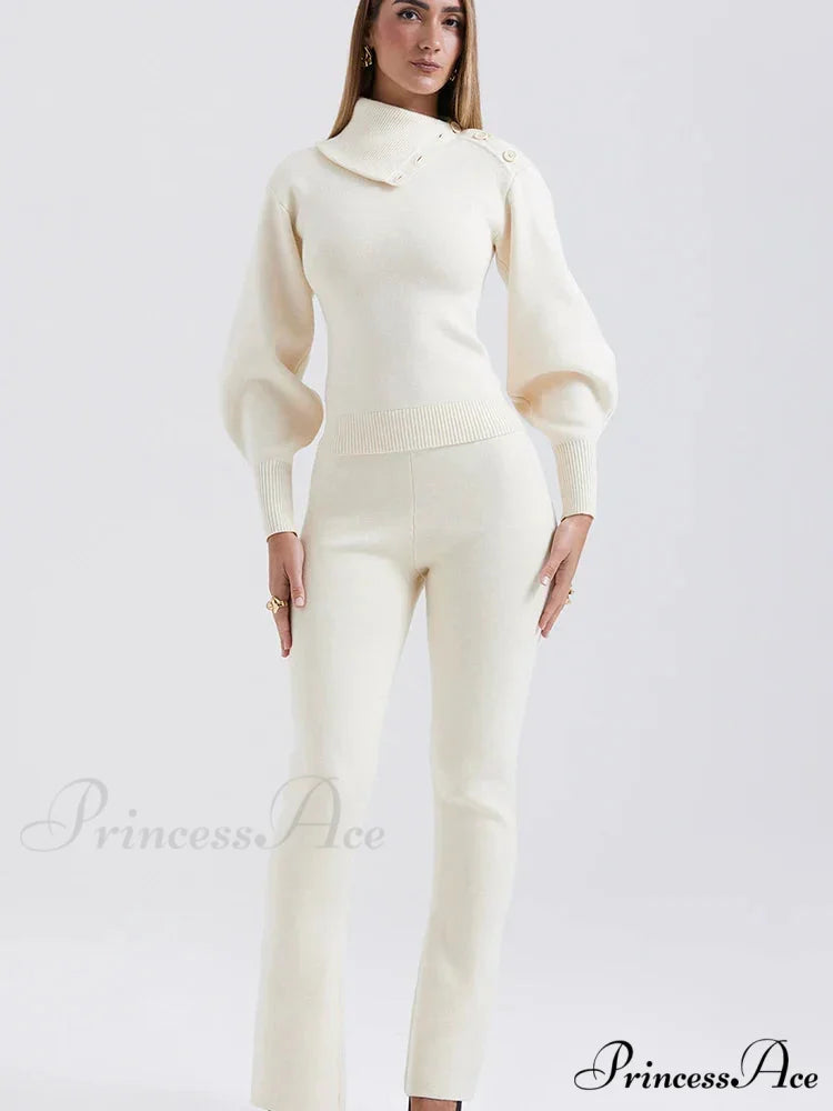 Knit Rib Long Sleeve Graceful Top And Pants Set