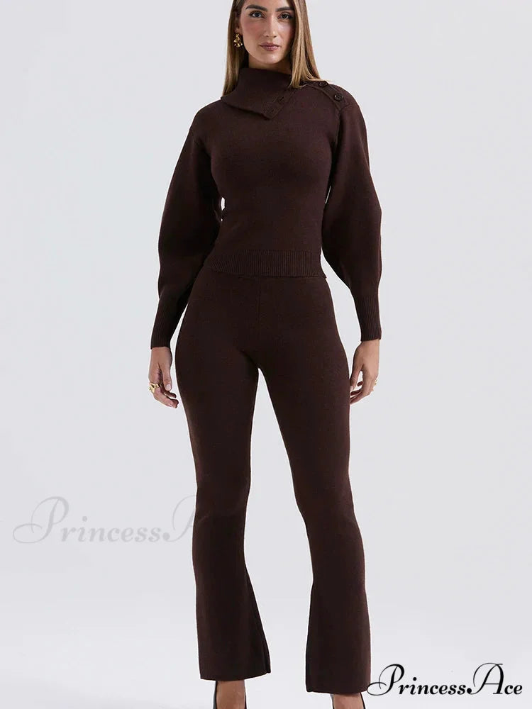 Knit Rib Long Sleeve Graceful Top And Pants Set